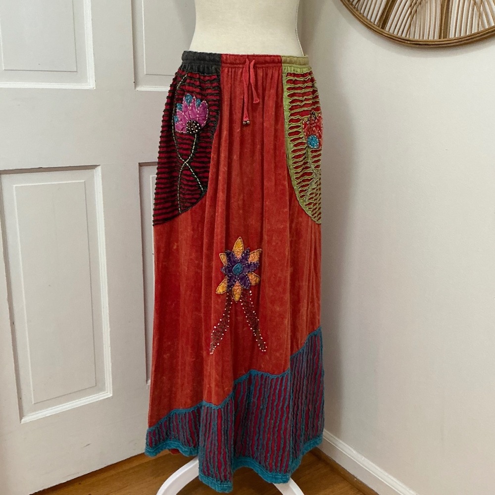 Rising International Boho Patchwork Maxi Skirt M Cotton Embroidered Hippie Gypsy